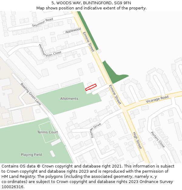 5, WOODS WAY, BUNTINGFORD, SG9 9FN: Location map and indicative extent of plot