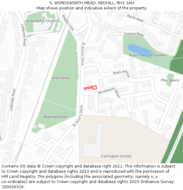 5, WORDSWORTH MEAD, REDHILL, RH1 1AH: Location map and indicative extent of plot