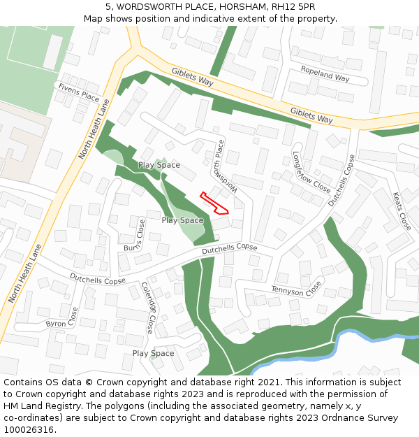 5, WORDSWORTH PLACE, HORSHAM, RH12 5PR: Location map and indicative extent of plot