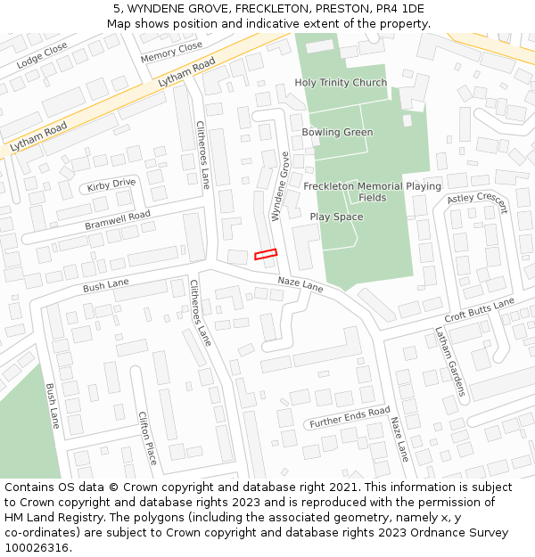 5, WYNDENE GROVE, FRECKLETON, PRESTON, PR4 1DE: Location map and indicative extent of plot