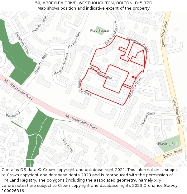 50, ABBEYLEA DRIVE, WESTHOUGHTON, BOLTON, BL5 3ZD: Location map and indicative extent of plot
