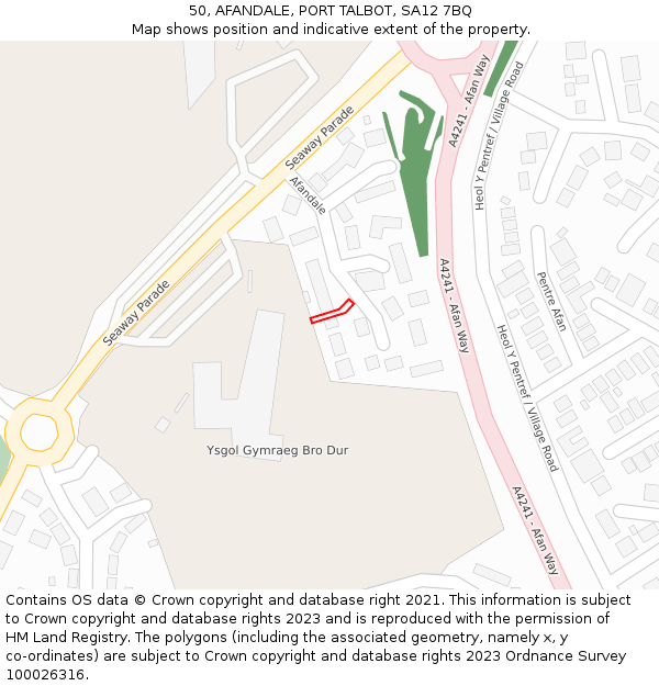 50, AFANDALE, PORT TALBOT, SA12 7BQ: Location map and indicative extent of plot