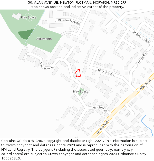 50, ALAN AVENUE, NEWTON FLOTMAN, NORWICH, NR15 1RF: Location map and indicative extent of plot