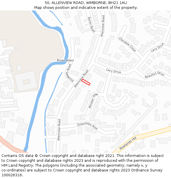50, ALLENVIEW ROAD, WIMBORNE, BH21 1AU: Location map and indicative extent of plot