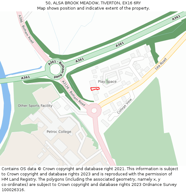 50, ALSA BROOK MEADOW, TIVERTON, EX16 6RY: Location map and indicative extent of plot