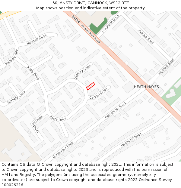 50, ANSTY DRIVE, CANNOCK, WS12 3TZ: Location map and indicative extent of plot