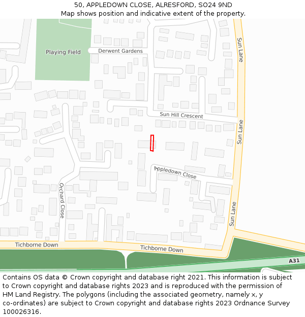 50, APPLEDOWN CLOSE, ALRESFORD, SO24 9ND: Location map and indicative extent of plot