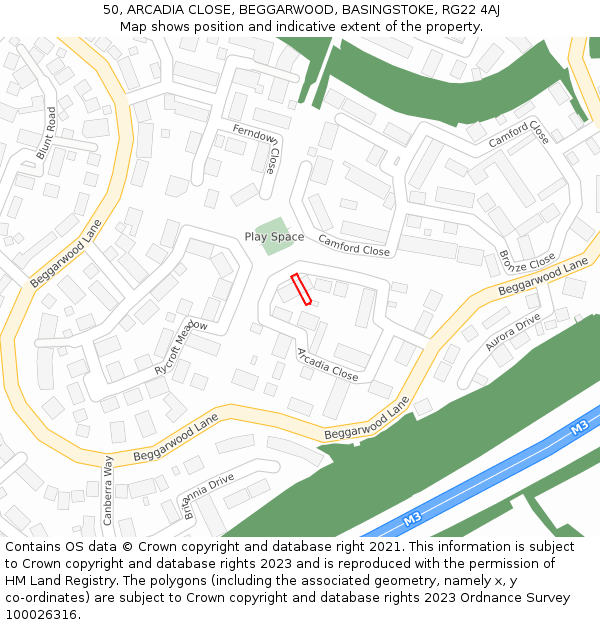 50, ARCADIA CLOSE, BEGGARWOOD, BASINGSTOKE, RG22 4AJ: Location map and indicative extent of plot