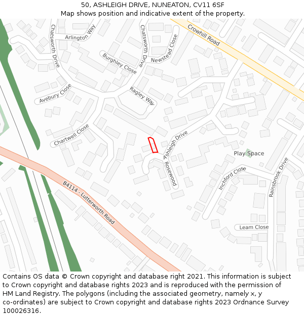50, ASHLEIGH DRIVE, NUNEATON, CV11 6SF: Location map and indicative extent of plot