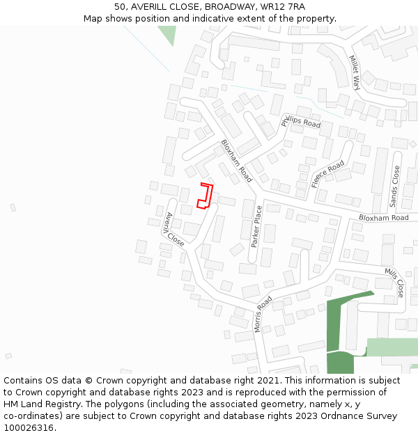 50, AVERILL CLOSE, BROADWAY, WR12 7RA: Location map and indicative extent of plot
