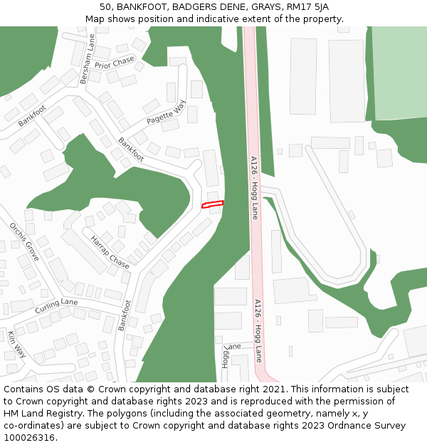 50, BANKFOOT, BADGERS DENE, GRAYS, RM17 5JA: Location map and indicative extent of plot