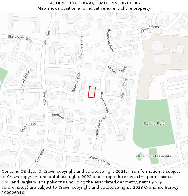 50, BEANCROFT ROAD, THATCHAM, RG19 3XS: Location map and indicative extent of plot