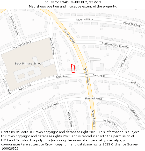 50, BECK ROAD, SHEFFIELD, S5 0GD: Location map and indicative extent of plot