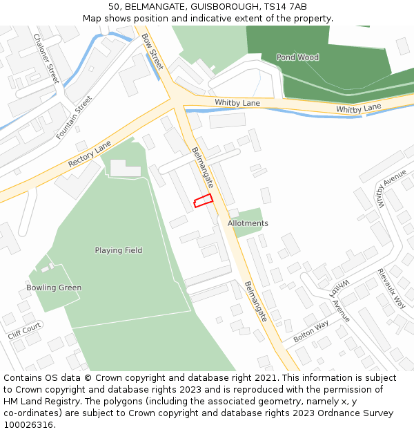 50, BELMANGATE, GUISBOROUGH, TS14 7AB: Location map and indicative extent of plot