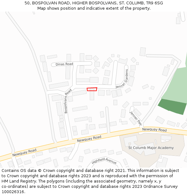50, BOSPOLVAN ROAD, HIGHER BOSPOLVANS, ST. COLUMB, TR9 6SG: Location map and indicative extent of plot