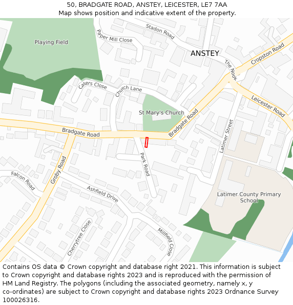50, BRADGATE ROAD, ANSTEY, LEICESTER, LE7 7AA: Location map and indicative extent of plot