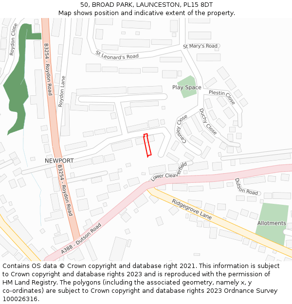 50, BROAD PARK, LAUNCESTON, PL15 8DT: Location map and indicative extent of plot