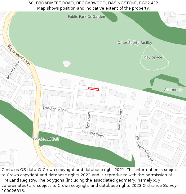 50, BROADMERE ROAD, BEGGARWOOD, BASINGSTOKE, RG22 4FP: Location map and indicative extent of plot