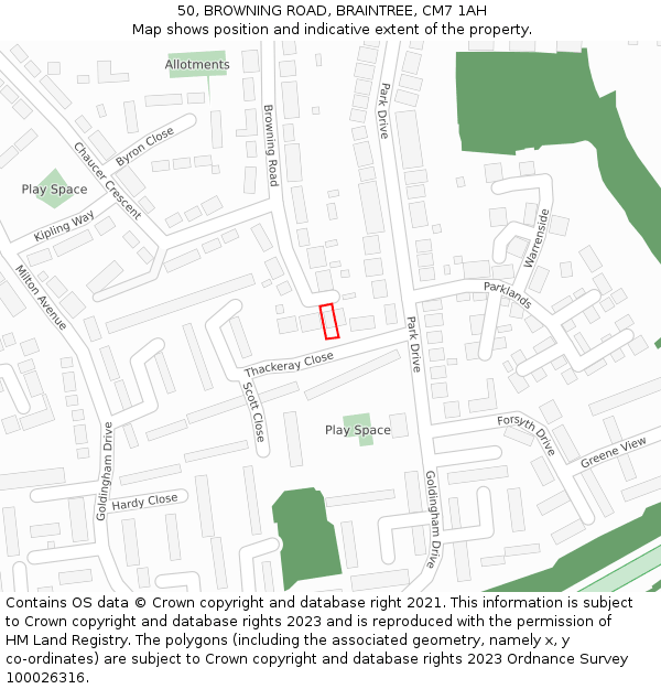 50, BROWNING ROAD, BRAINTREE, CM7 1AH: Location map and indicative extent of plot