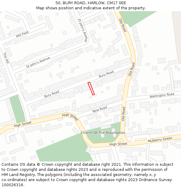 50, BURY ROAD, HARLOW, CM17 0EE: Location map and indicative extent of plot