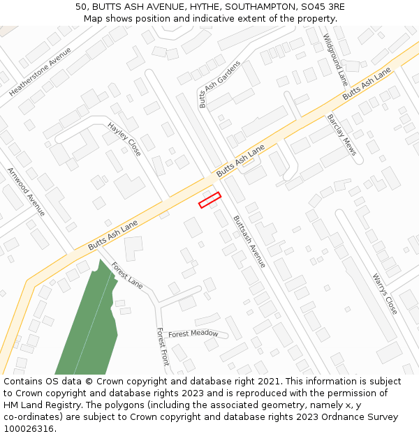 50, BUTTS ASH AVENUE, HYTHE, SOUTHAMPTON, SO45 3RE: Location map and indicative extent of plot