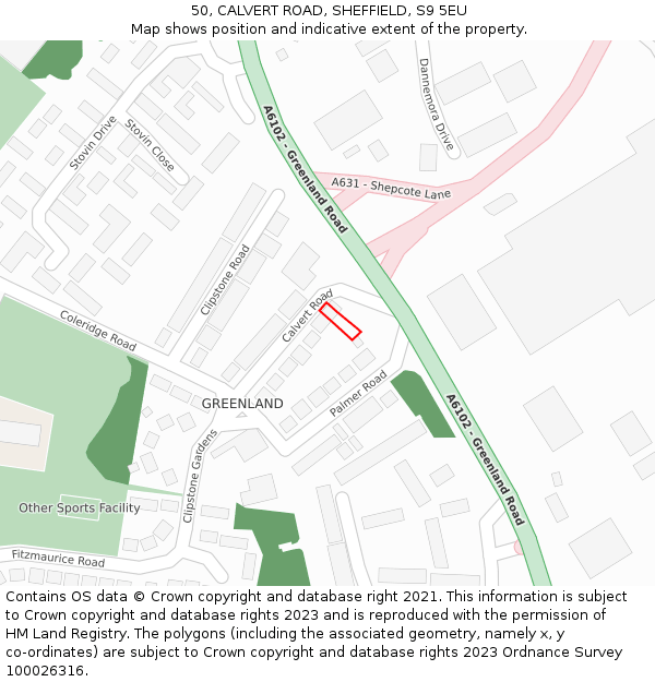 50, CALVERT ROAD, SHEFFIELD, S9 5EU: Location map and indicative extent of plot