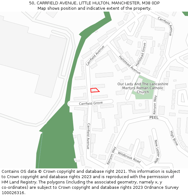 50, CARRFIELD AVENUE, LITTLE HULTON, MANCHESTER, M38 0DP: Location map and indicative extent of plot