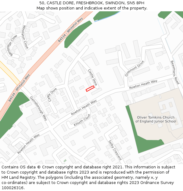 50, CASTLE DORE, FRESHBROOK, SWINDON, SN5 8PH: Location map and indicative extent of plot