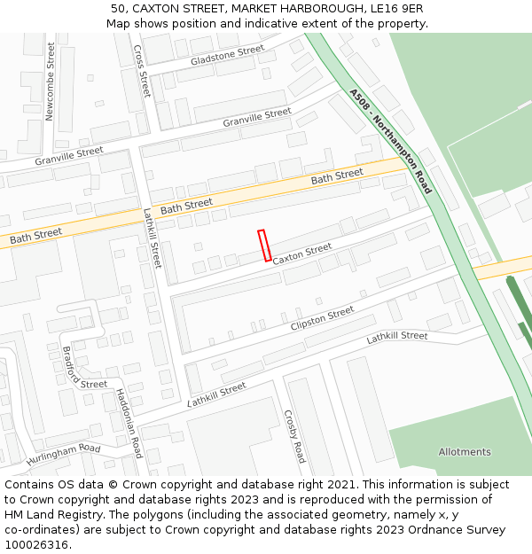 50, CAXTON STREET, MARKET HARBOROUGH, LE16 9ER: Location map and indicative extent of plot