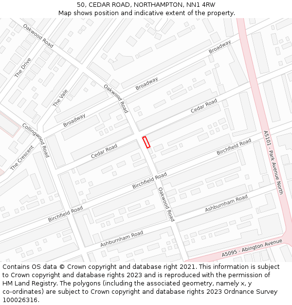 50, CEDAR ROAD, NORTHAMPTON, NN1 4RW: Location map and indicative extent of plot