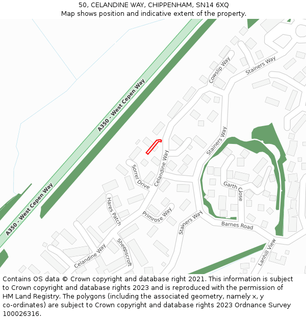 50, CELANDINE WAY, CHIPPENHAM, SN14 6XQ: Location map and indicative extent of plot