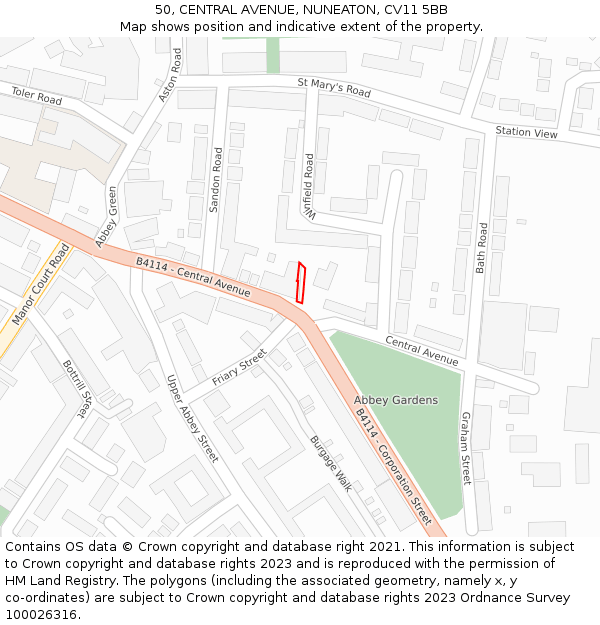 50, CENTRAL AVENUE, NUNEATON, CV11 5BB: Location map and indicative extent of plot