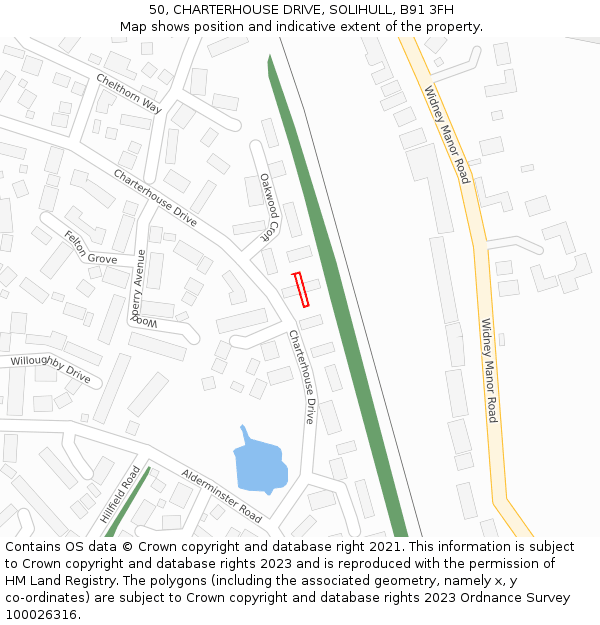 50, CHARTERHOUSE DRIVE, SOLIHULL, B91 3FH: Location map and indicative extent of plot