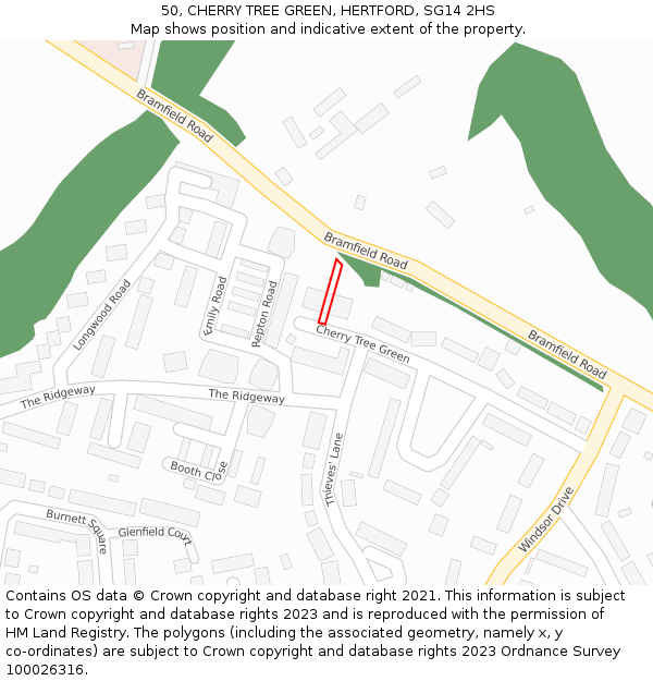 50, CHERRY TREE GREEN, HERTFORD, SG14 2HS: Location map and indicative extent of plot