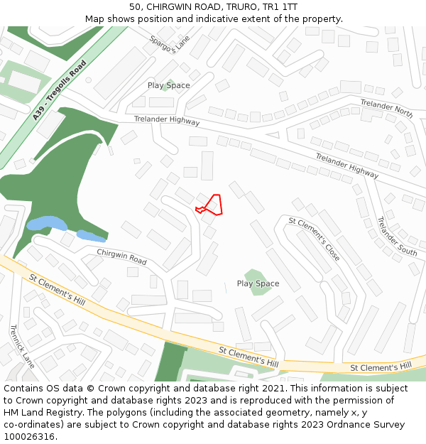 50, CHIRGWIN ROAD, TRURO, TR1 1TT: Location map and indicative extent of plot