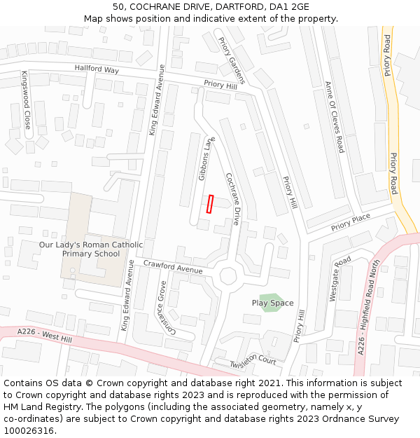 50, COCHRANE DRIVE, DARTFORD, DA1 2GE: Location map and indicative extent of plot