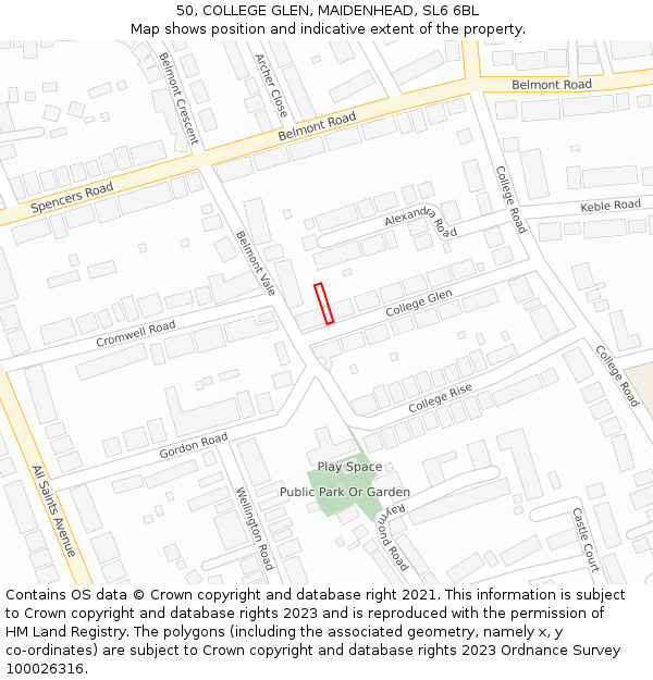 50, COLLEGE GLEN, MAIDENHEAD, SL6 6BL: Location map and indicative extent of plot