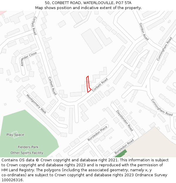 50, CORBETT ROAD, WATERLOOVILLE, PO7 5TA: Location map and indicative extent of plot