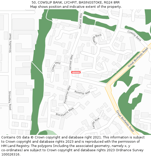 50, COWSLIP BANK, LYCHPIT, BASINGSTOKE, RG24 8RR: Location map and indicative extent of plot