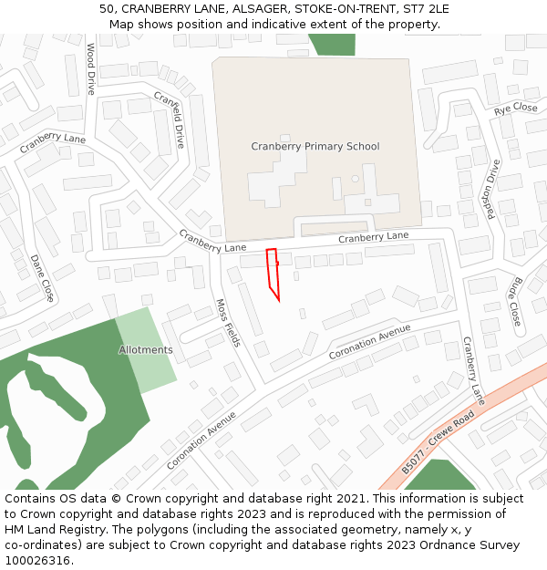 50, CRANBERRY LANE, ALSAGER, STOKE-ON-TRENT, ST7 2LE: Location map and indicative extent of plot