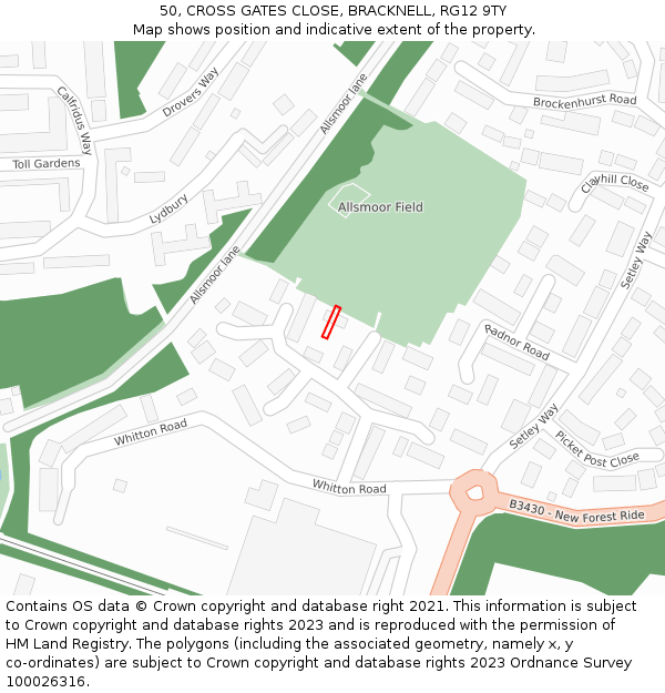 50, CROSS GATES CLOSE, BRACKNELL, RG12 9TY: Location map and indicative extent of plot