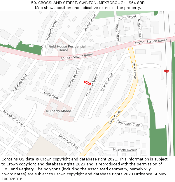 50, CROSSLAND STREET, SWINTON, MEXBOROUGH, S64 8BB: Location map and indicative extent of plot