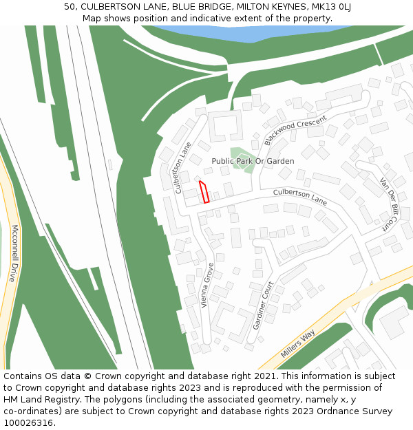 50, CULBERTSON LANE, BLUE BRIDGE, MILTON KEYNES, MK13 0LJ: Location map and indicative extent of plot