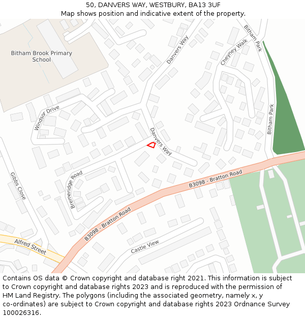 50, DANVERS WAY, WESTBURY, BA13 3UF: Location map and indicative extent of plot