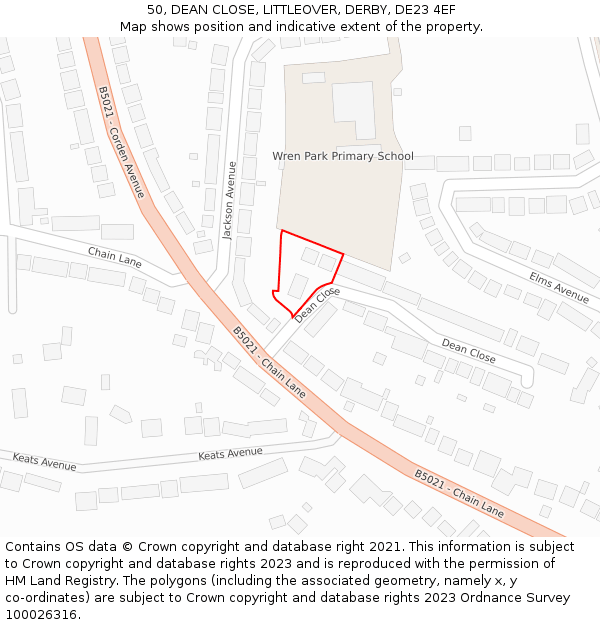 50, DEAN CLOSE, LITTLEOVER, DERBY, DE23 4EF: Location map and indicative extent of plot