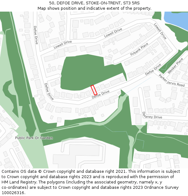 50, DEFOE DRIVE, STOKE-ON-TRENT, ST3 5RS: Location map and indicative extent of plot