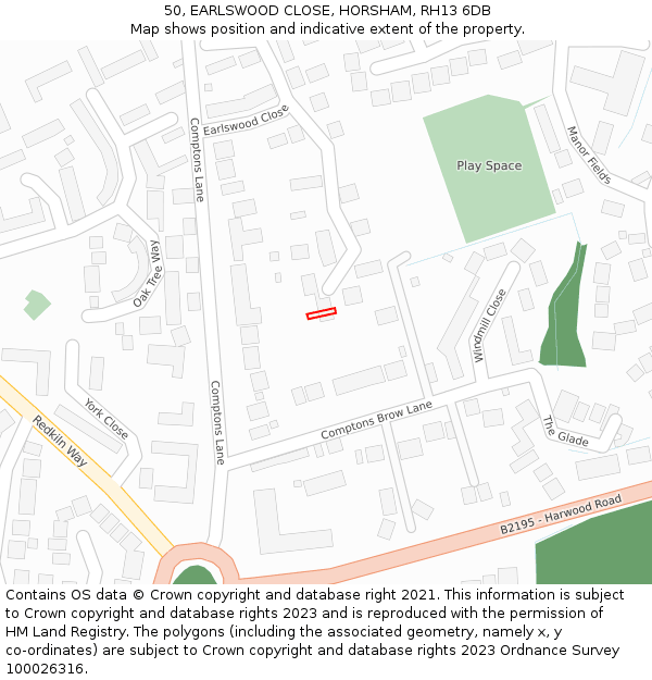 50, EARLSWOOD CLOSE, HORSHAM, RH13 6DB: Location map and indicative extent of plot