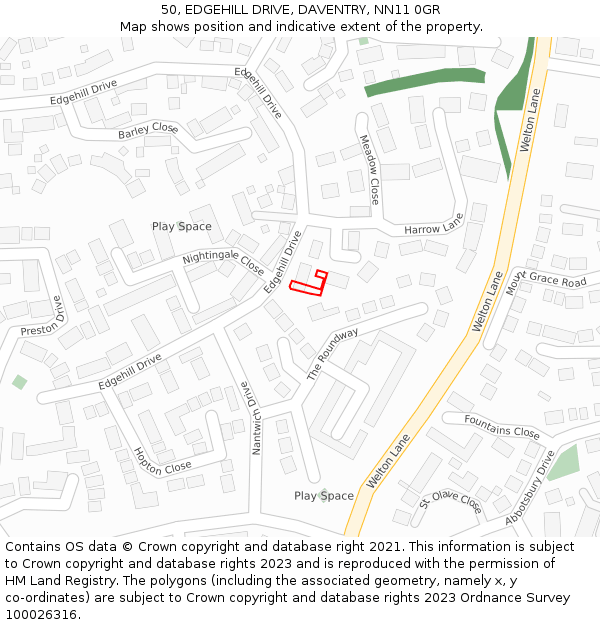 50, EDGEHILL DRIVE, DAVENTRY, NN11 0GR: Location map and indicative extent of plot