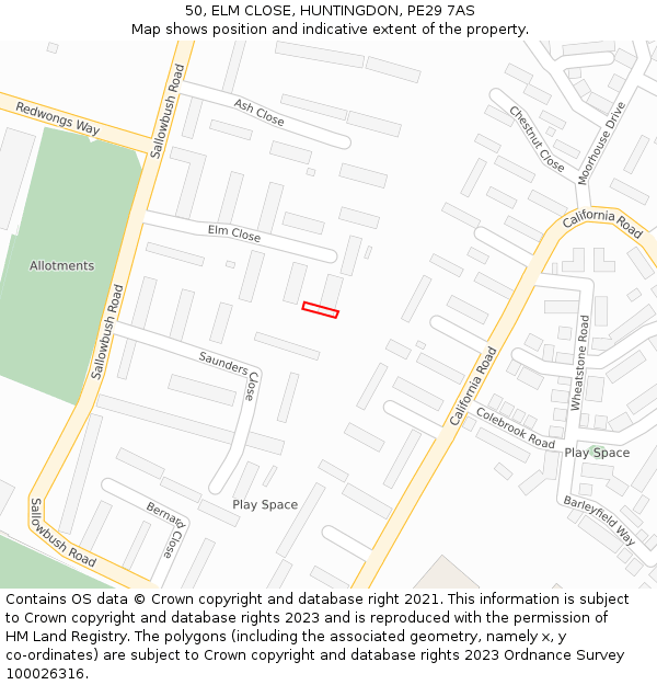 50, ELM CLOSE, HUNTINGDON, PE29 7AS: Location map and indicative extent of plot