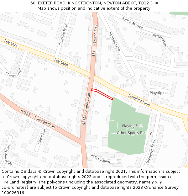 50, EXETER ROAD, KINGSTEIGNTON, NEWTON ABBOT, TQ12 3HX: Location map and indicative extent of plot
